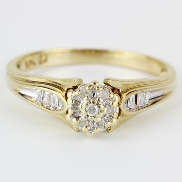 10k Yellow Gold Round and Baguette Diamond Engagement Ring